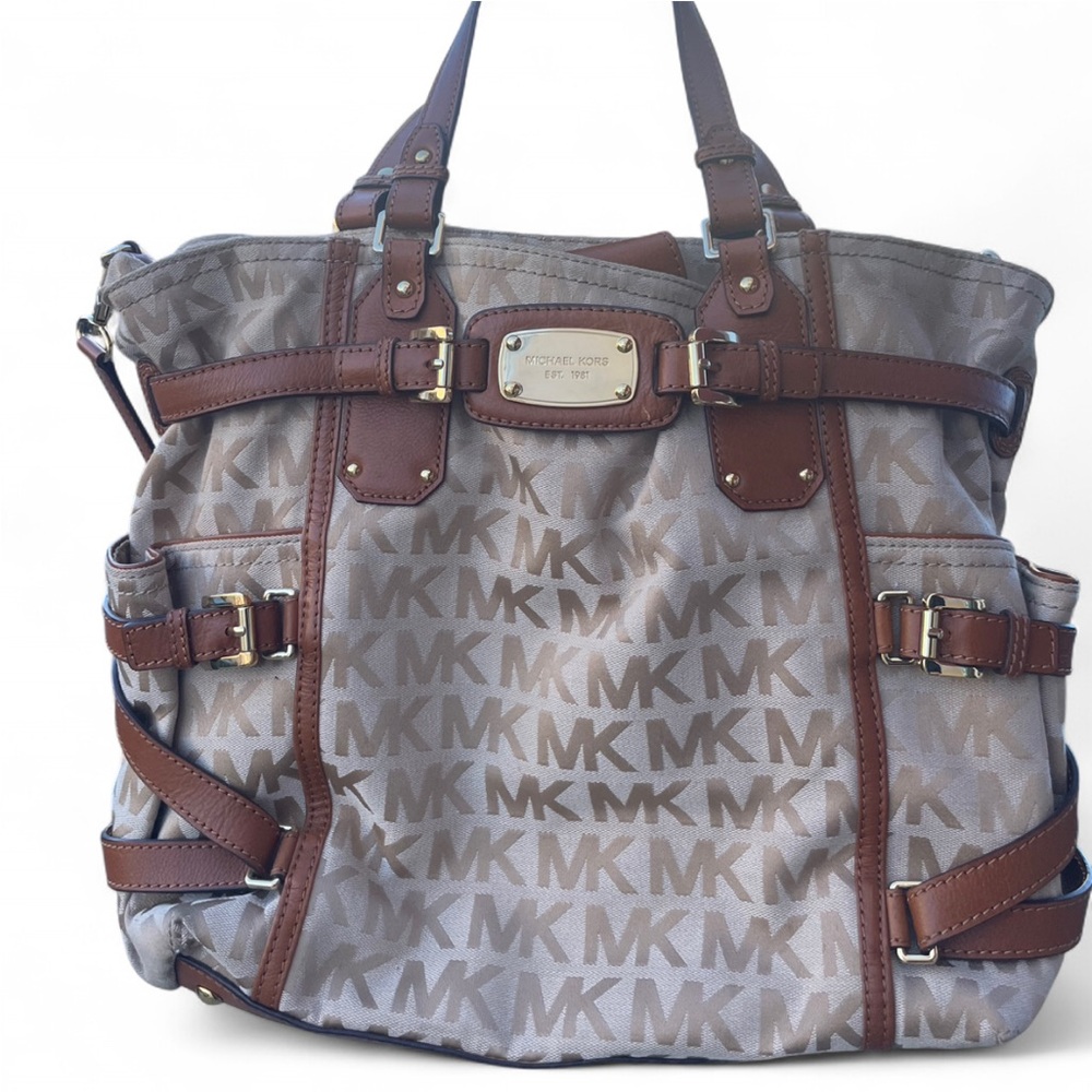 Michael Kors Signature Buckle Tote Bag in Beige and Brown